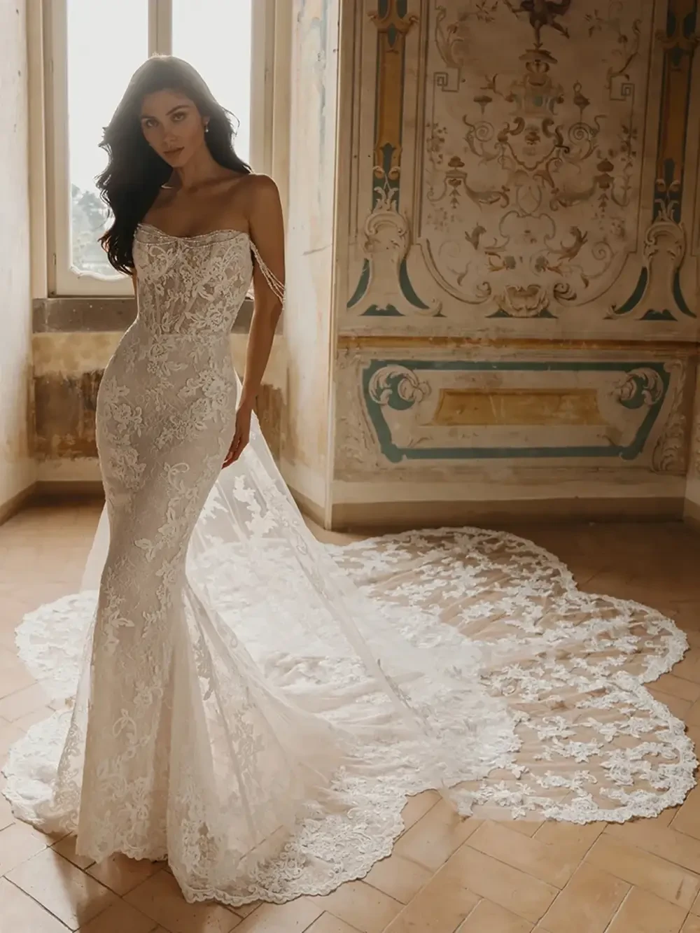 model is wearing a lace strapless fit and flare wedding dress